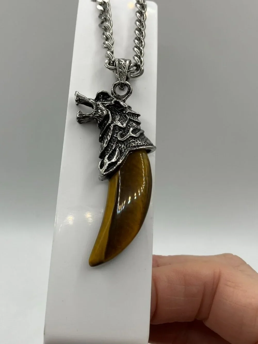 Tiger Eye Gemstone Tusk AND Men's Chunky 20 inch Stainless Steel Chain